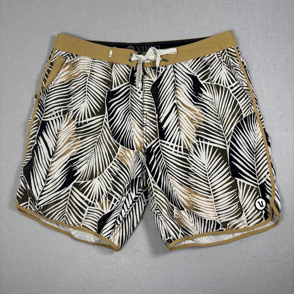 Vuori Mens Swim Shorts Size 33 Black Tan White Tropical Palm Leaves Boardshorts